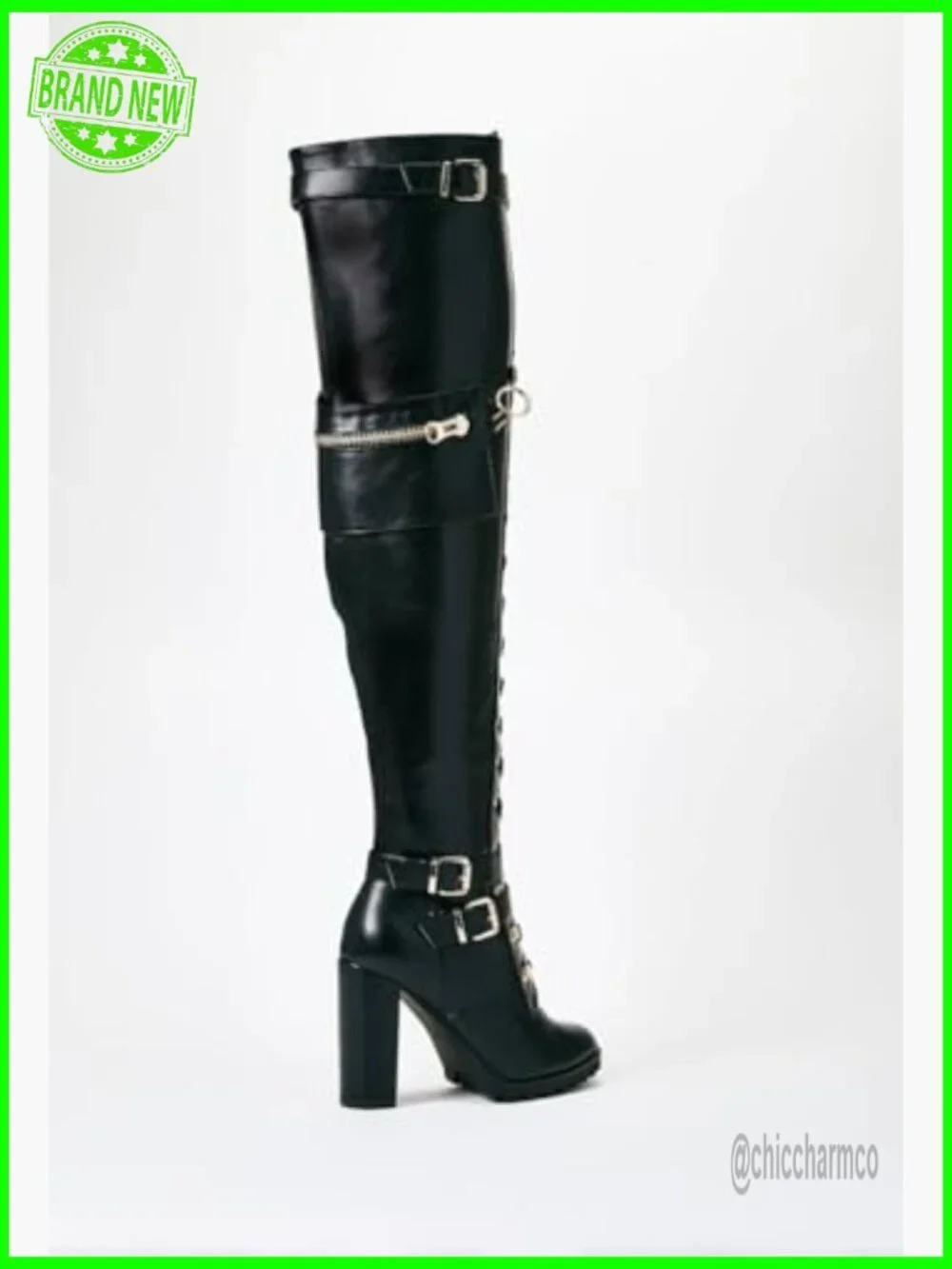 Thigh High Boots Chunky Heel Over The Knee Lace Up Combat Boots Side Zipper